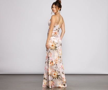 Taylor Satin Stylish Floral High-Slit Dress