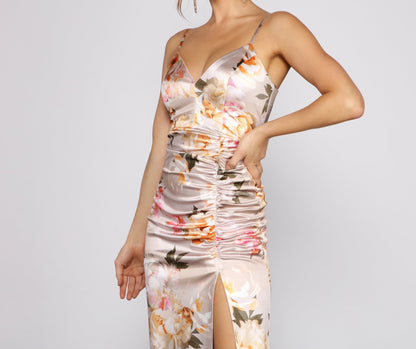 Taylor Satin Stylish Floral High-Slit Dress