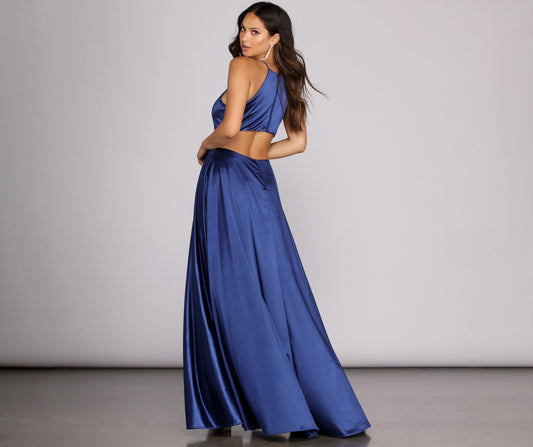 Gabrielle Formal High Charming Slit Satin Dress