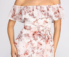Playful Petals Floral Chiffon Graceful Off Shoulder Mini Dress