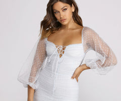 Off The Shoulder Charming Ruched Dotted Mini Dress