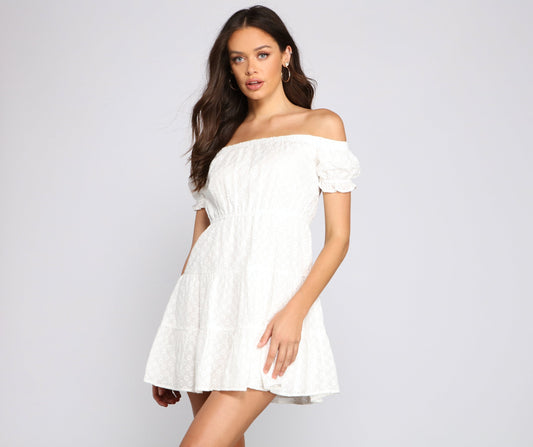 Off The Shoulder Eyelet Skater Dress - Lady Occasions