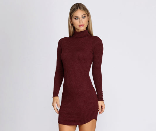 Turtleneck Long Sleeve Ribbed Knit Mini Dress - Lady Occasions