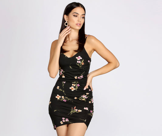 Can't Forget Me Floral Graceful Side Ruched Mini Dress