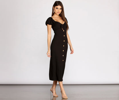 Button Down Tie Charming Front Midi Dress