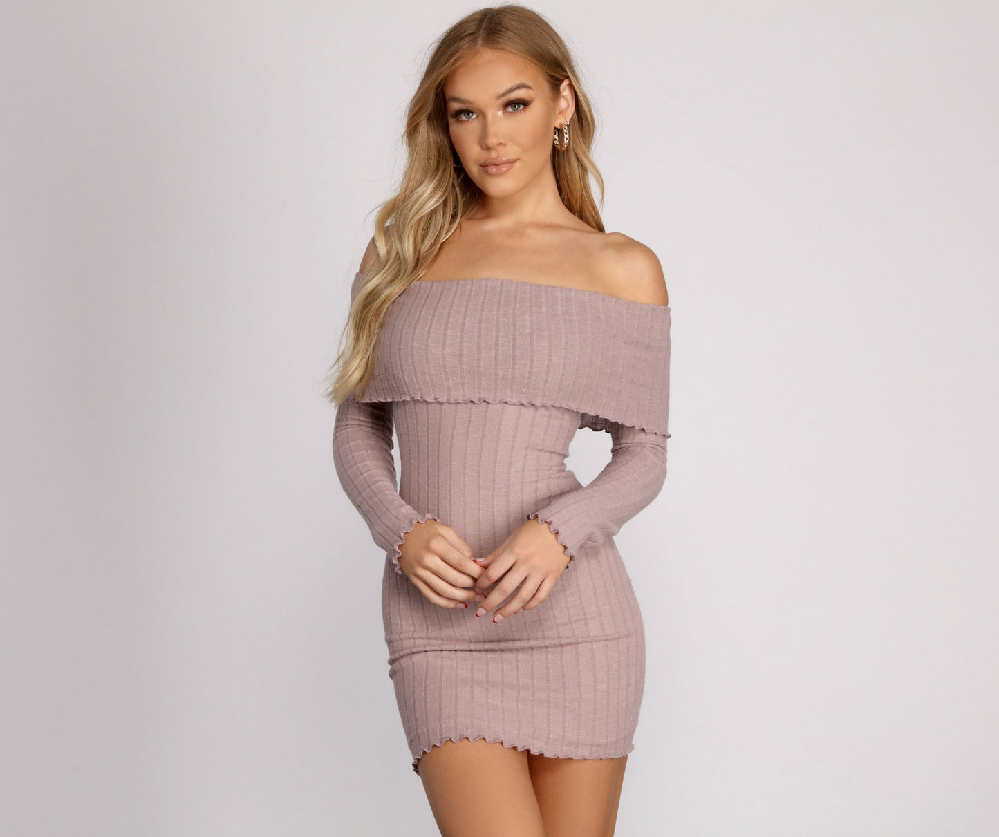 Off The Shoulder Brushed Knit Mini Dress - Lady Occasions