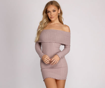 Off The Shoulder Brushed Knit Mini Dress - Lady Occasions