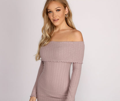 Off The Shoulder Charming Brushed Knit Mini Dress