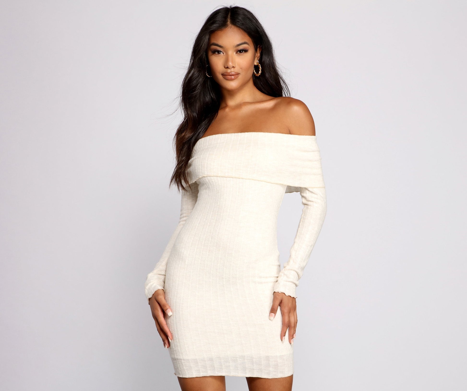 Off The Shoulder Brushed Knit Mini Dress - Lady Occasions