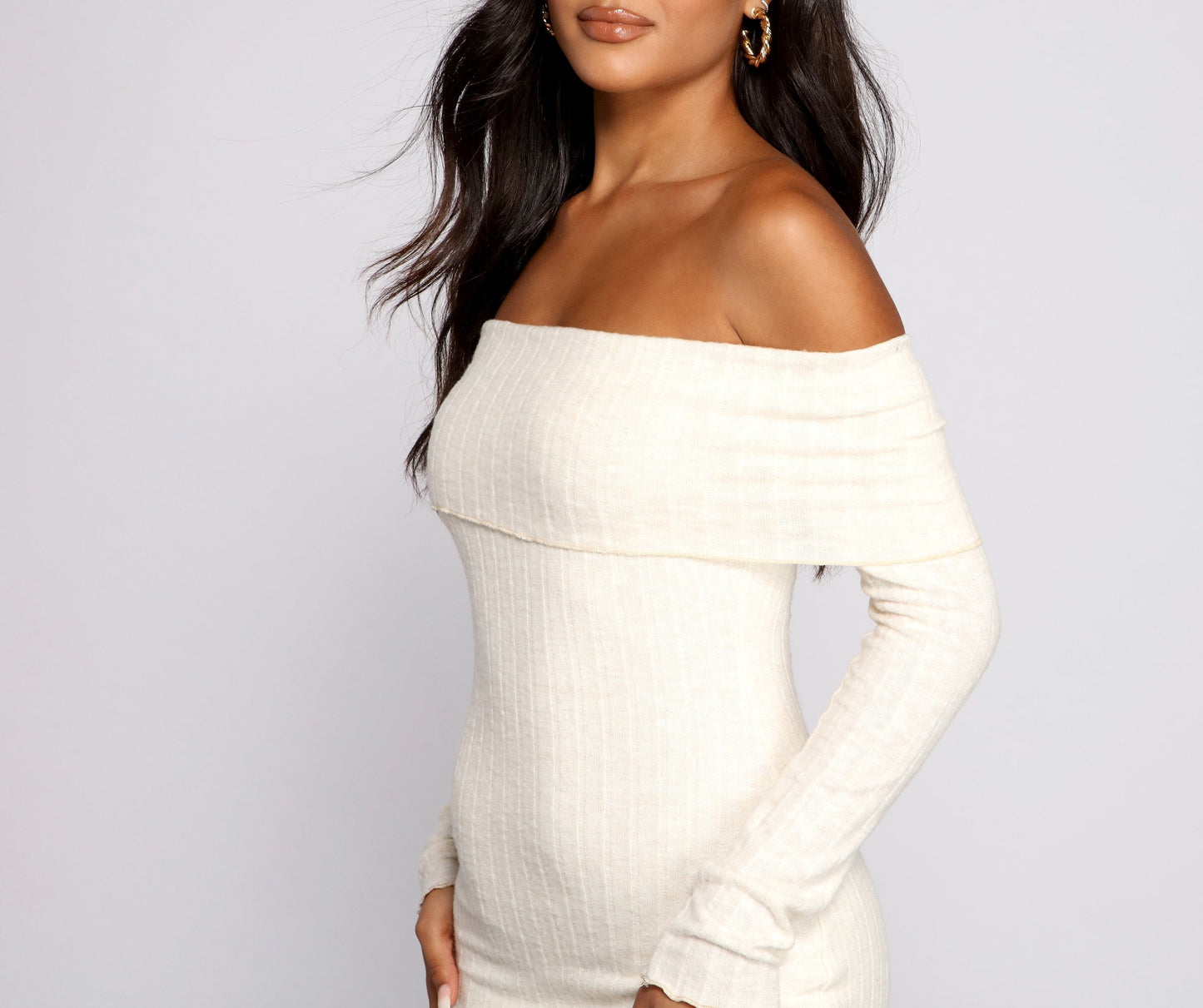 Off The Shoulder Charming Brushed Knit Mini Dress