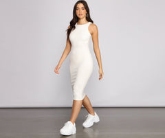 Brushed Knit Sleeveless Charming Crew Neck Midi Dress