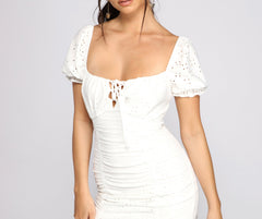 Too Chic Ruffled Charming Eyelet Mini Dress