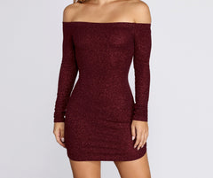 Off Shoulder Long Charming Sleeve Glittering Mini Dress