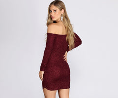 Off Shoulder Long Charming Sleeve Glittering Mini Dress