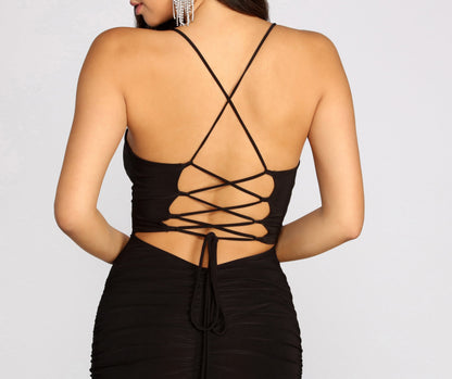 Deep Love Ruched Charming Back Mini Dress