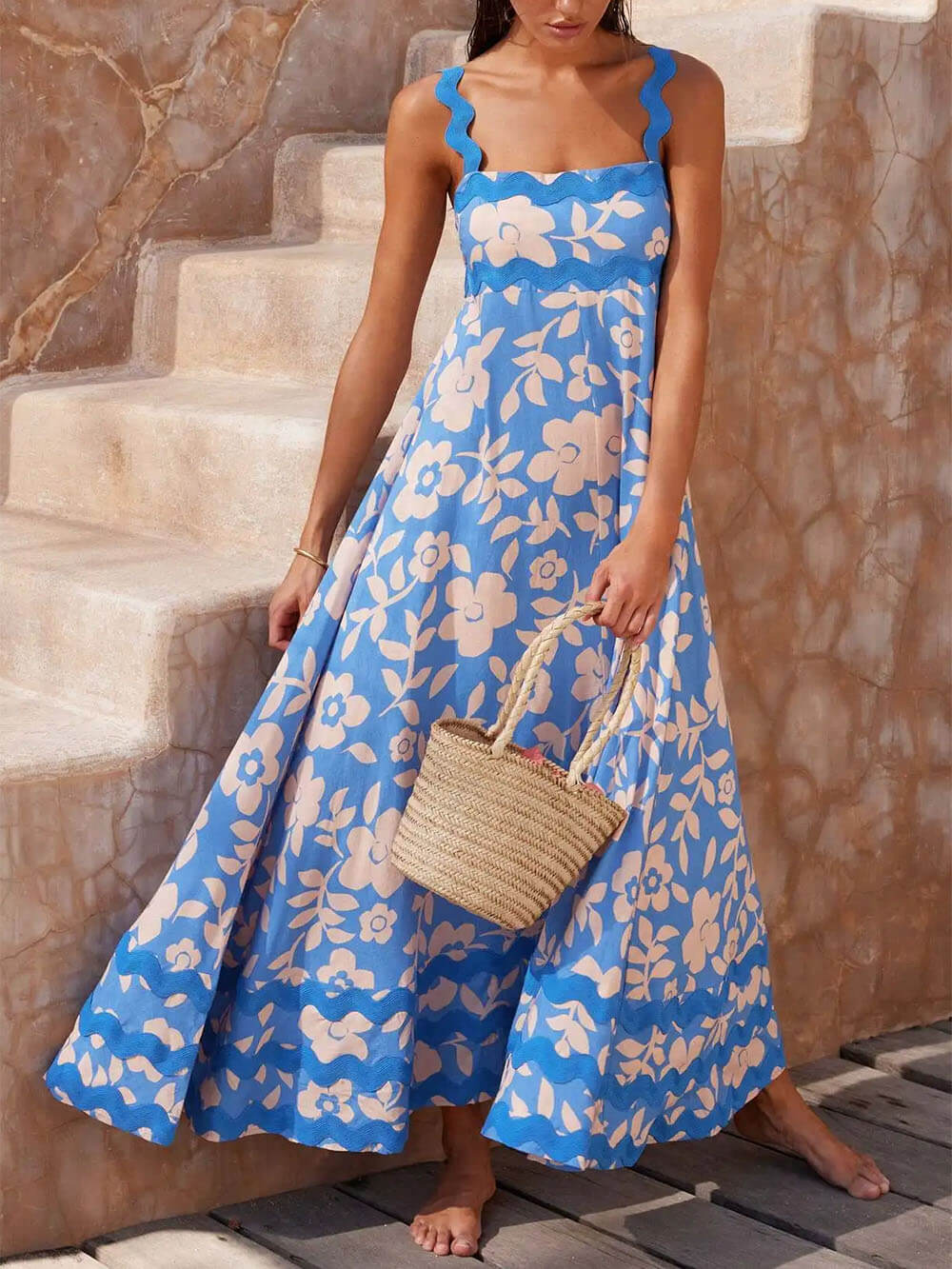 Printed Square Neck Charming Strap Maxi Dress