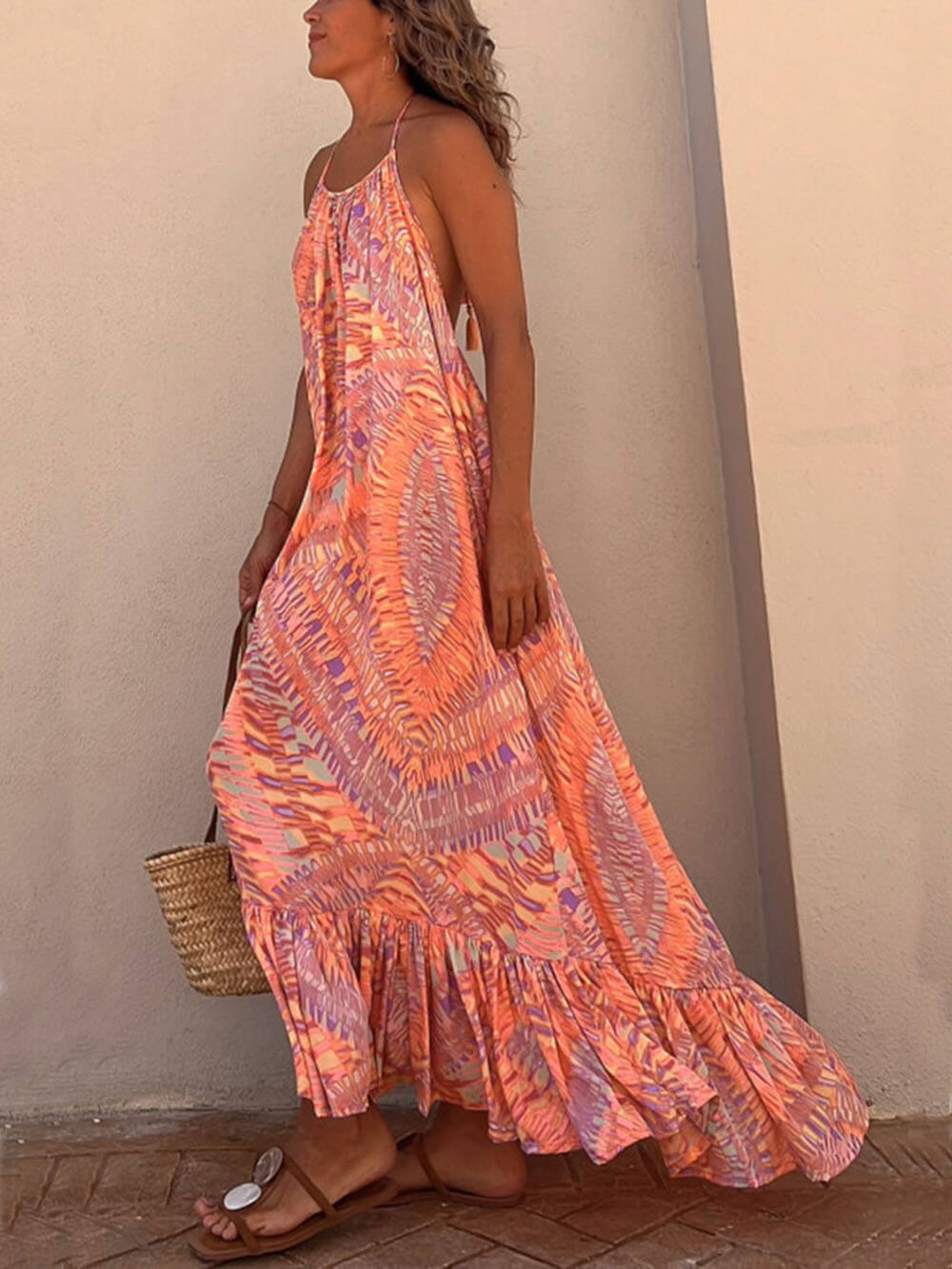 Golden Times Ethnic Print Graceful A-line Vacation Maxi Dress