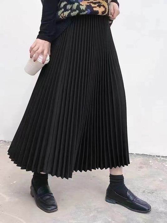 Elastic High-Waisted Stylish Pleated Midi Skirt