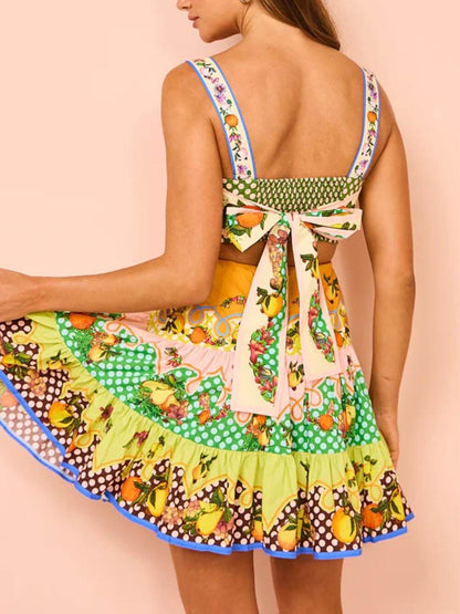 Summer MulticolorLemon Preated Charming Hem Mini Dress