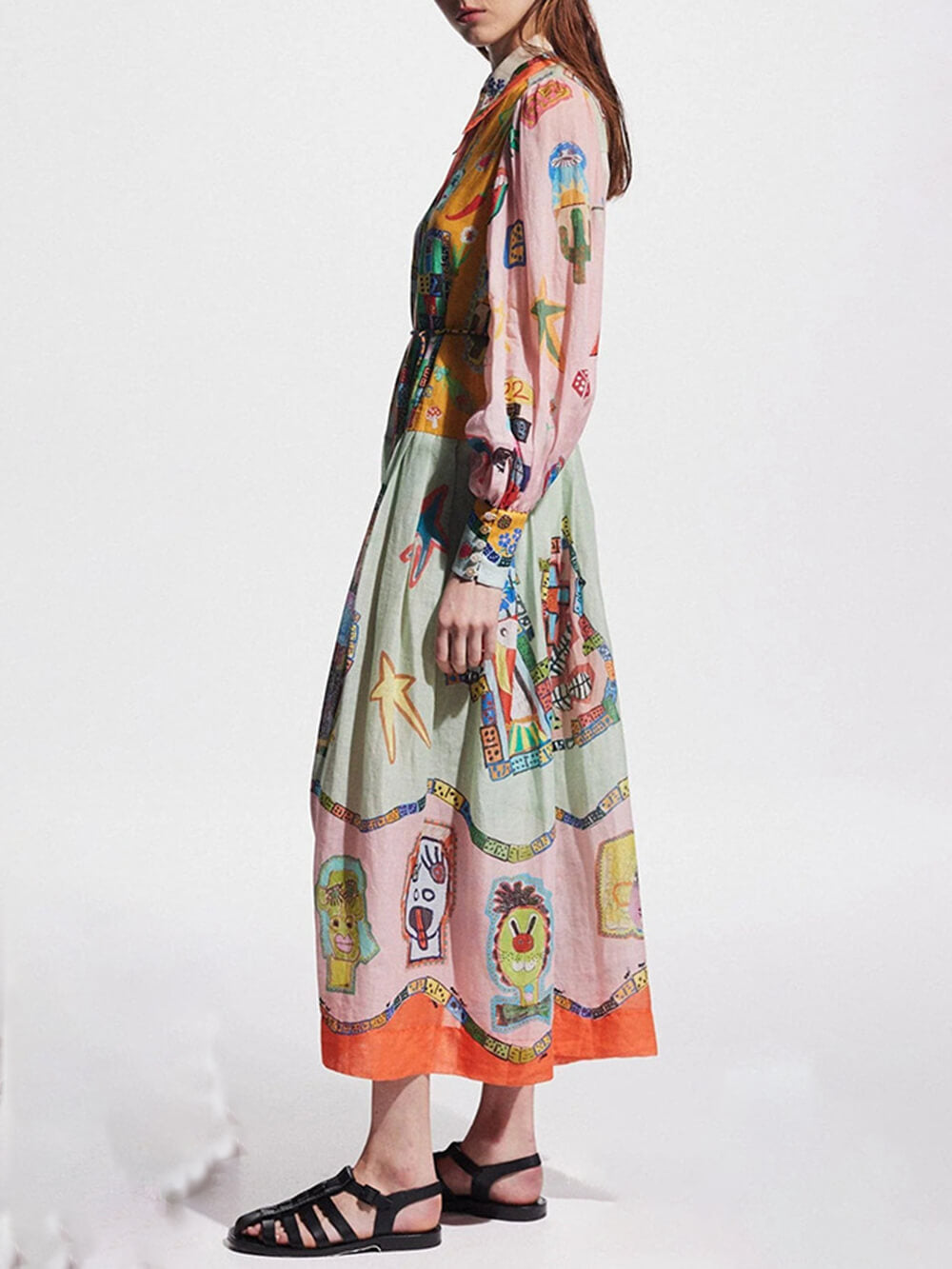Unique Print Colorblock Balloon Graceful Sleeve Belt Shirt Midi Dress
