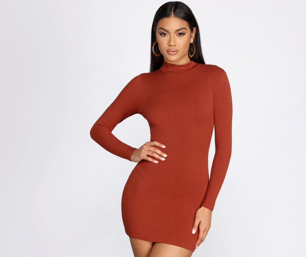 Ribbed Knit Mock Neck Mini Dress - Lady Occasions