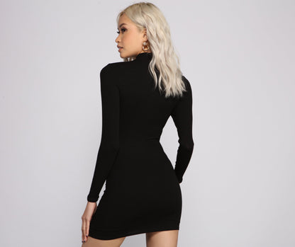 Basic Ribbed Knit Charming Long Sleeve Mini Dress