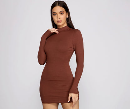 Basic Ribbed Knit Long Sleeve Mini Dress - Lady Occasions