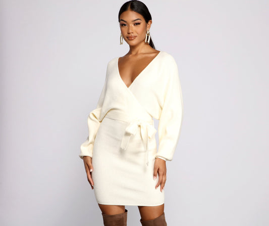 Tie Front Wrap Mini Sweater Dress - Lady Occasions