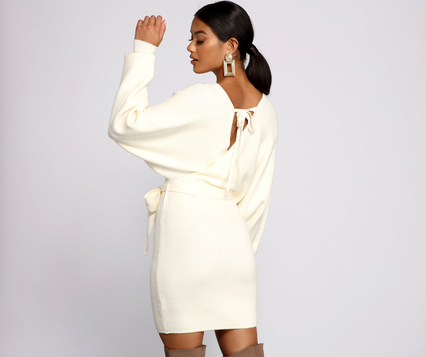 Tie Front Wrap Charming Mini Sweater Dress