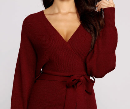 Tie Front Wrap Charming Mini Sweater Dress