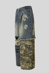Camo Panel Distressed Wide Leg Jeans