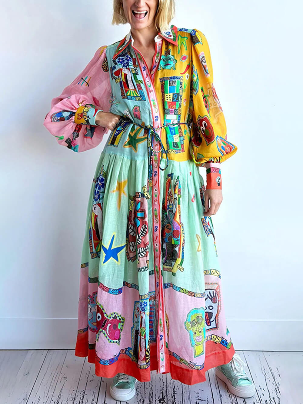 Unique Print Colorblock Balloon Graceful Sleeve Belt Shirt Midi Dress