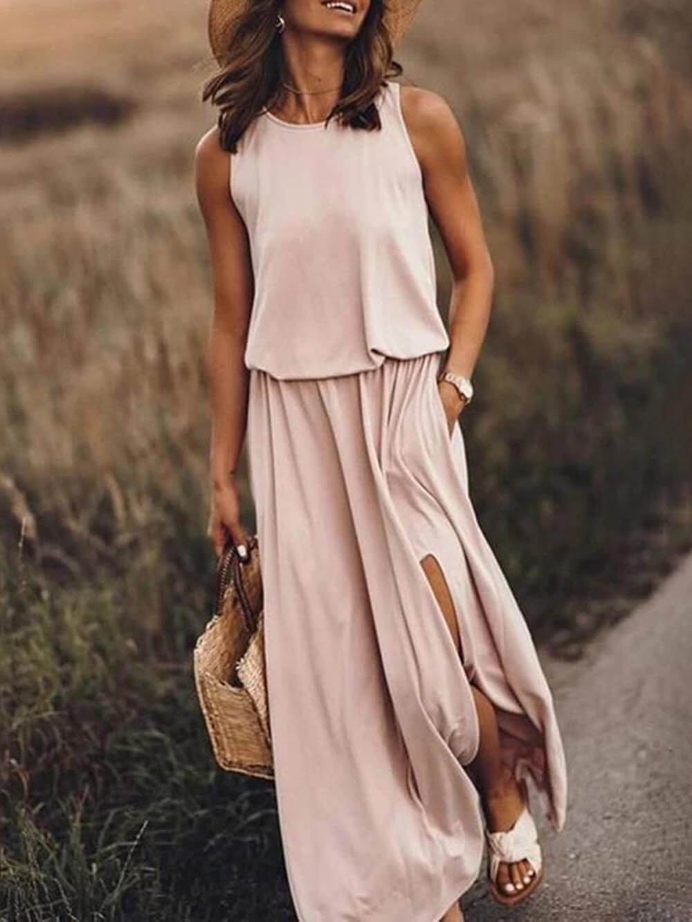 Loose Waisted Round Charming Neck Sleeveless Slit Dress