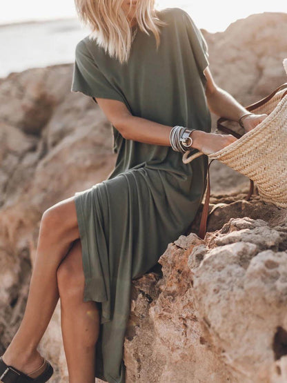 Effortless Open Sleeve Slit Graceful Oversized T-shirt Midi Dress