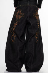 Gothic Cross Embroidered Baggy Barrel Jeans