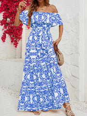 One-Shoulder Short-Sleeve Printed Charming Ruffle Maxi Dress