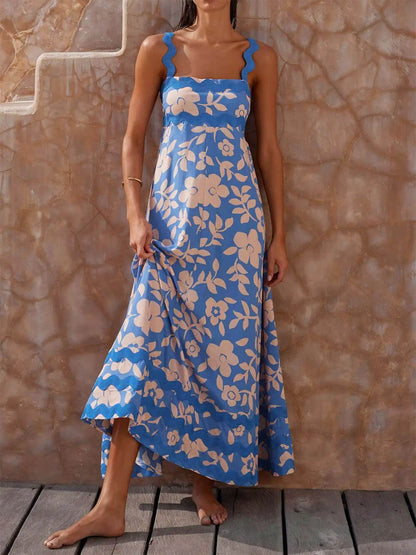 Printed Square Neck Charming Strap Maxi Dress