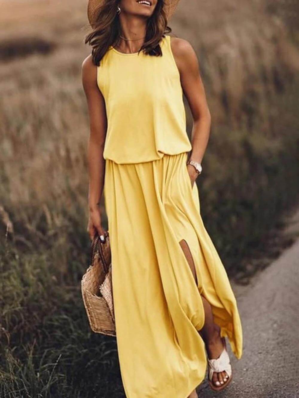 Loose Waisted Round Charming Neck Sleeveless Slit Dress