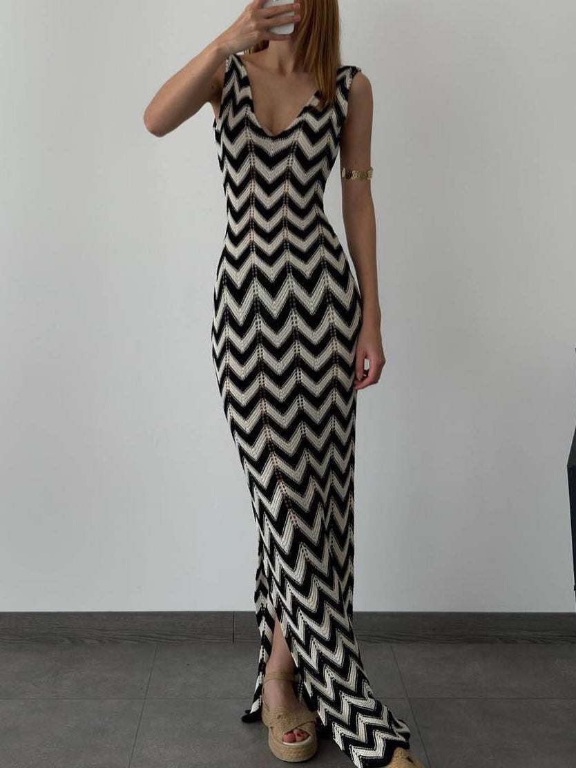 Summer V-Neck Striped Crochet Graceful Slit Sexy Maxi Dress