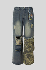 Camo Panel Distressed Wide Leg Jeans