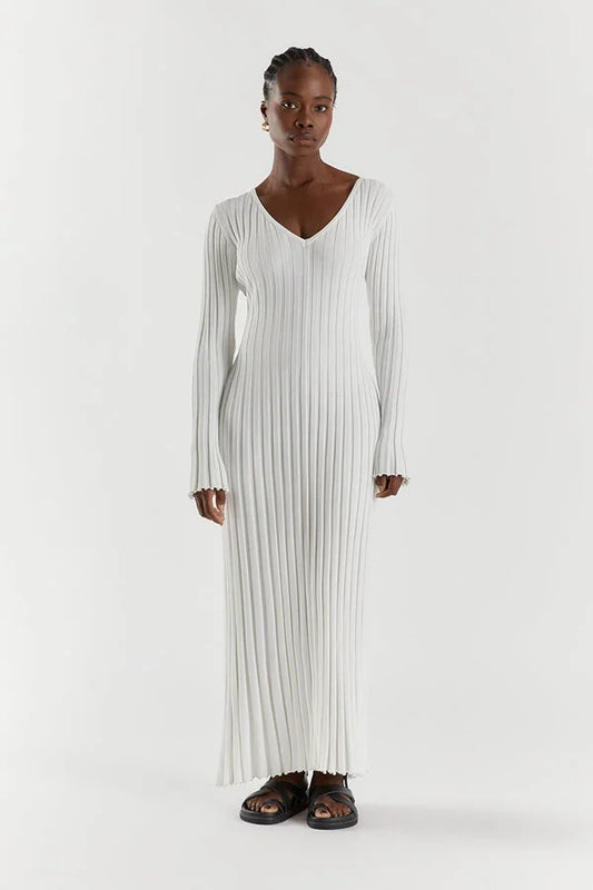 V-Neck Sleeved Knit Midi Dress - HELLA TREND