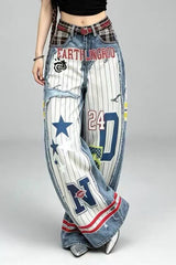 3D Graphic Print Wide Leg Denim Jeans