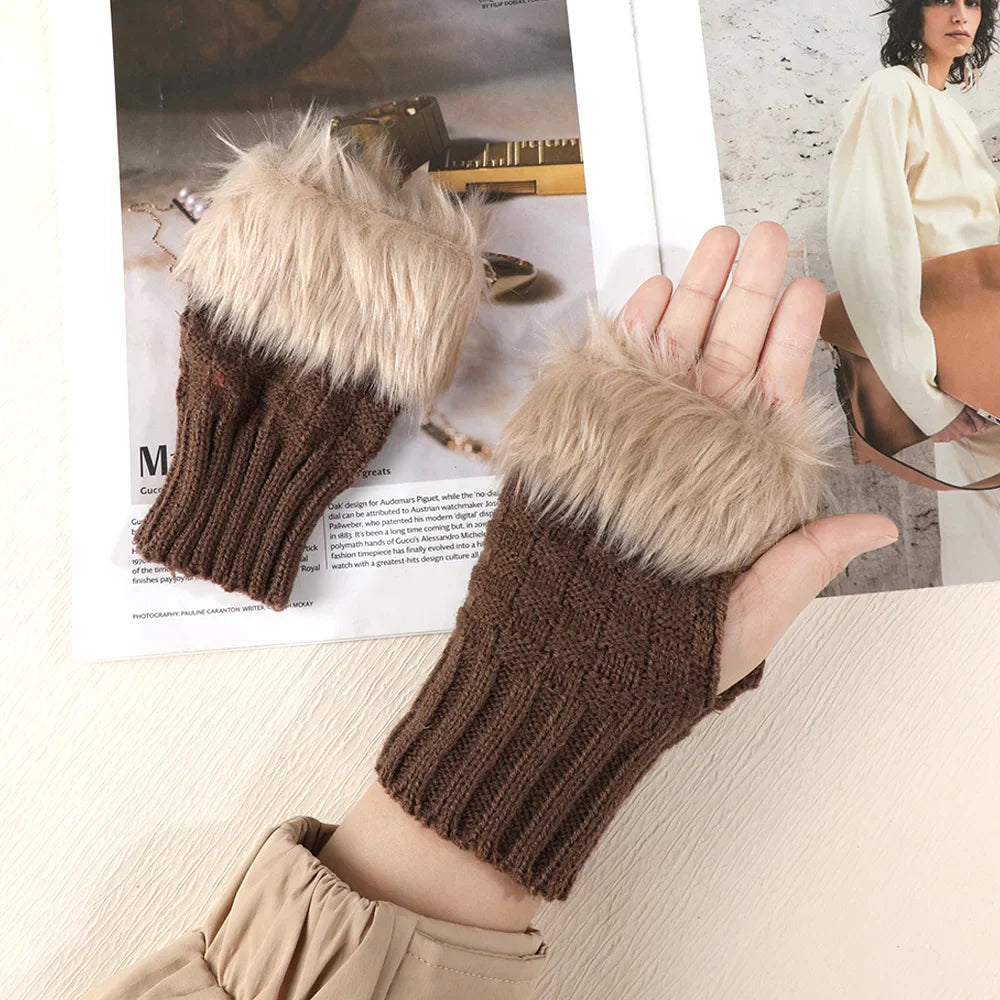 Faux Rabbit Fur Fingerless Winter Warmer Gloves