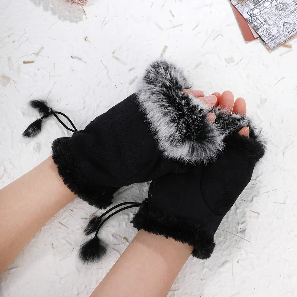 Faux Rabbit Fur Fingerless Winter Warmer Gloves