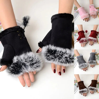 Faux Rabbit Fur Fingerless Winter Warmer Gloves