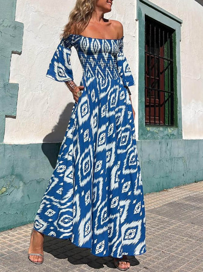 Vacation Ethnic Print Smocked Graceful Off Shoulder Pocketed Maxi Dress