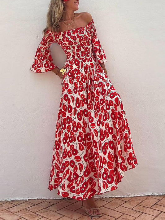 Floral Print Smocked Off Graceful Shoulder Pocketed Maxi Dress