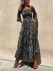 Off-The-Shoulder Smocked Stretch Charming Black Printed Maxi Dress