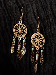 Boho Earrings - Floral Circle Beaded Tassel Leaves