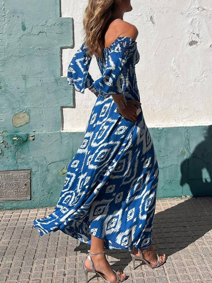 Vacation Ethnic Print Smocked Graceful Off Shoulder Pocketed Maxi Dress